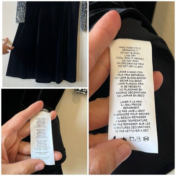 Marina Black Velvet A-Line Dress Sz M Mesh Pearl Beaded Sleeves Elegant Formal - Picture 9 of 10